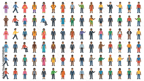 Photos Grid of flat people avatars with different skin tones and clothing styles vector graphics
