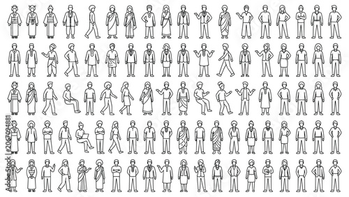 Fényképezés Line art collection of diverse human figures in various poses and traditional ethnic dress