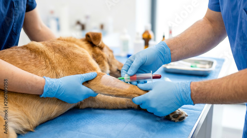 Two veterinary staff members perform a blood draw on a dog at a clinic. The dog lies on a table as they carefully collect the sample