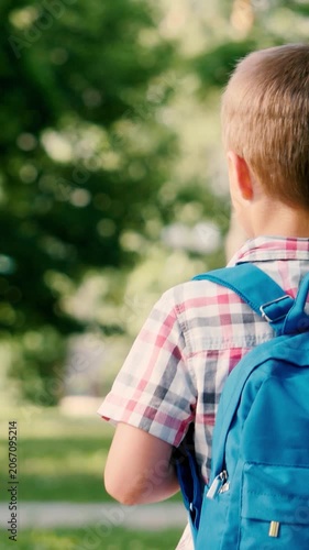 little boy child kid schoolboy student walks backpack school park, back to school concept, educational journey boy, curious learner outdoor, scholar on sidewalk, education process beginning, morning