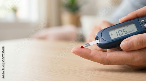 A person is using a glucose meter to check their blood sugar level. They are sitting at a table in a bright room. A drop of blood is visible on their fingertip