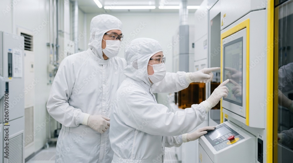 Fototapeta premium 半導体製造のクリーンルームで装置パネルを確認する女性作業員とOJTで指導する男性技術者
