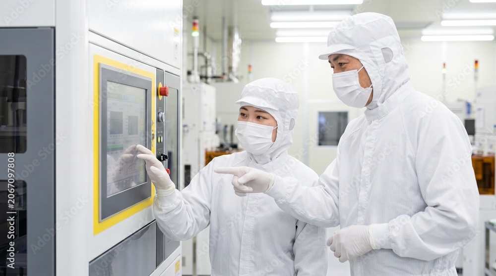 Naklejka premium 半導体製造のクリーンルームで装置のモニターを指差し確認しOJTを行う男女の作業員
