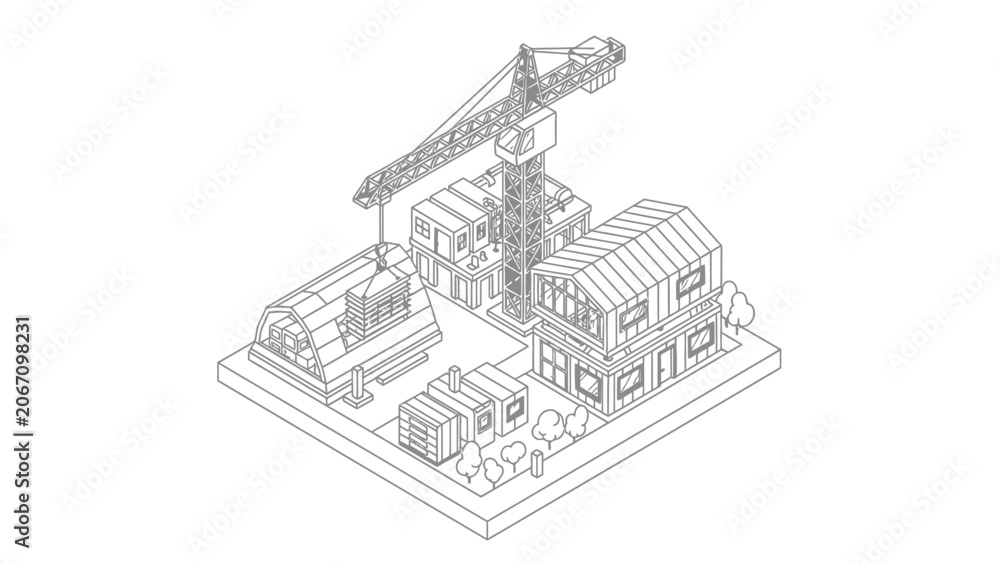 Fototapeta premium Isometric Construction Site Line Art with Tower Crane and Modern Buildings