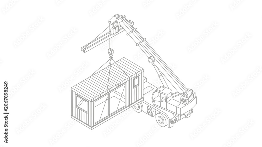 Fototapeta premium Isometric Mobile Crane Lifting Modular Container House Line Art