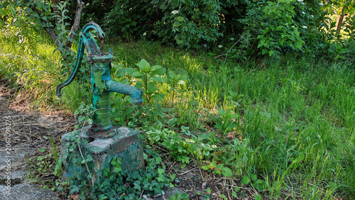 Obraz na plátně Old vintage hand pump surrounded by overgrown grass and plants