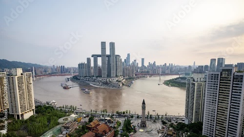 Chongqing cyberpunk city skyline with river
