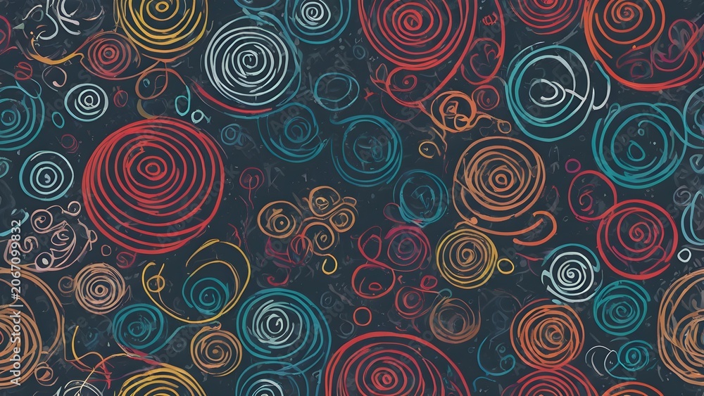 Fototapeta premium Vibrant Hand-Drawn Spiral Pattern. Colorful Abstract Circles and Swirls on Dark Background. Artistic Concentric Shapes Texture.