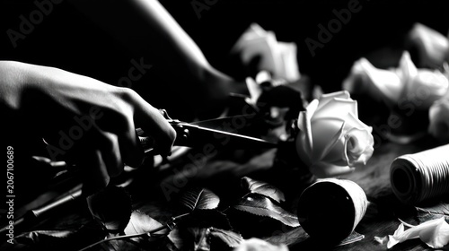 Close up of hand with scissors cutting a white rose in monochrome