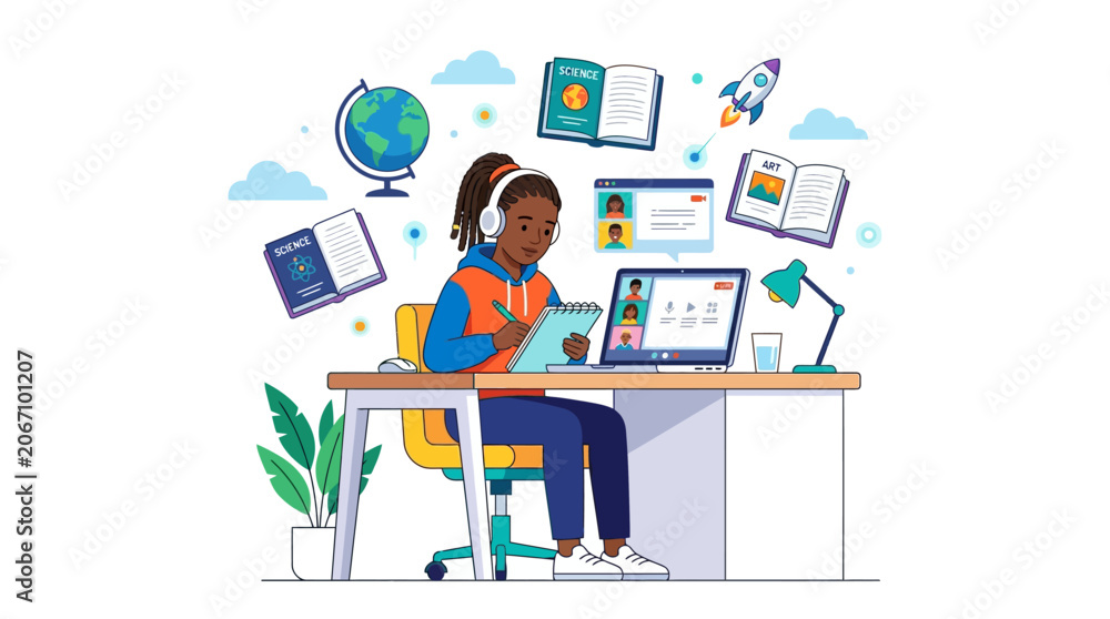 Fototapeta premium Online Education Concept with Black Girl Student E-learning on Laptop at Desk, Diverse School Subjects Icons, Distance Learning Vector Illustration