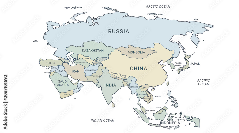 Fototapeta premium Asia map with country borders and ocean labels