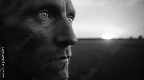 Dramatic portrait of a man with intense gaze against a monochrome landscape