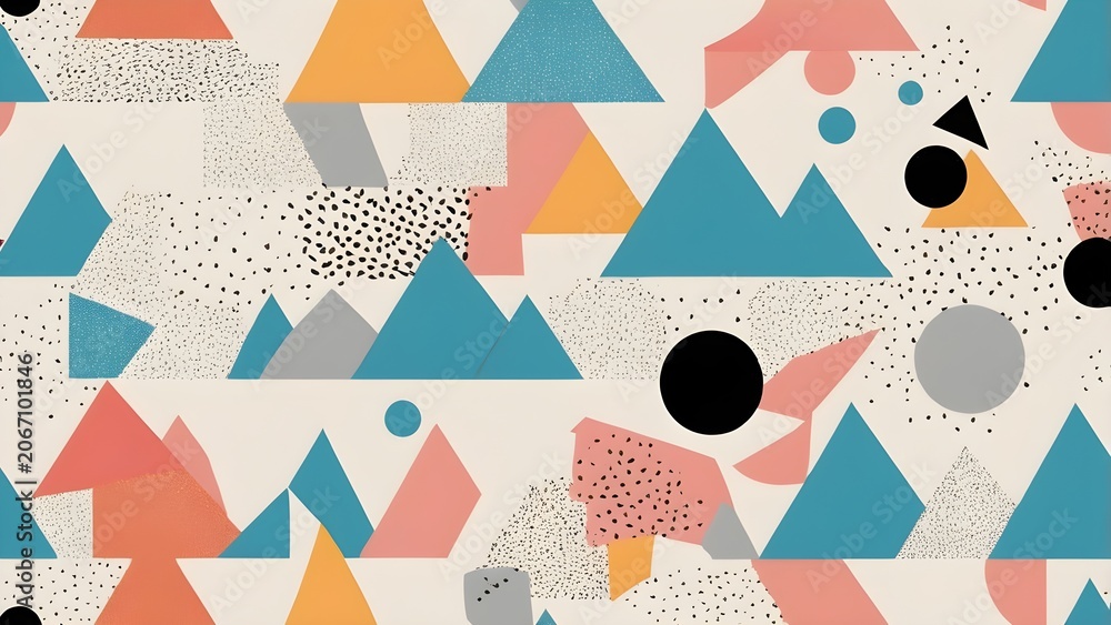 Fototapeta premium Modern Abstract Geometric Seamless Pattern Background with Colorful Triangles, Circles, and Speckled Textures