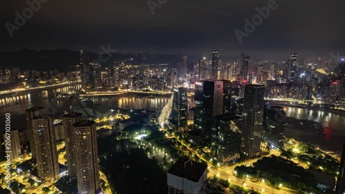 Chongqing cyberpunk city skyline with river