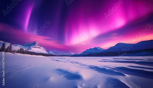 Magenta Aurora Lights Over Snow Covered Landscape Majestic Northern Lights Wallpaper With Copy Space