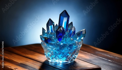 Glass Sculpture With Blue Crystals On A Wooden Table