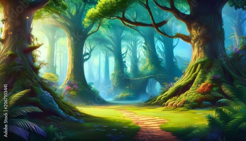 A Beautiful Fairytale Enchanted Forest With Big Trees And Great Vegetation Digital Painting Background