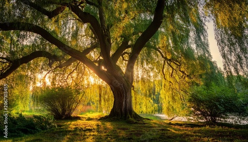 Majestic Weeping Willow Tree Bathed In Golden Sunlight With Long Branches And Lush Green Foliage Creating A Serene And Magical Forest Atmosphere