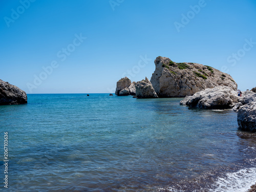 Petra tou Romiou, Aphrodite's Rock, rocky coastline and clear Mediterranean Sea, Paphos, Cyprus