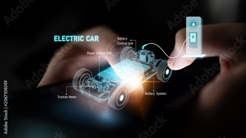 Billede på lærred Structure of electric car showing battery system, traction motor, control units,