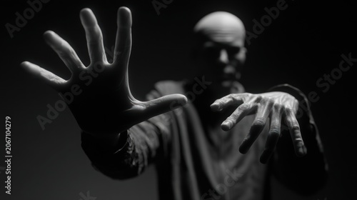 Man reaching forward in dramatic black and white composition