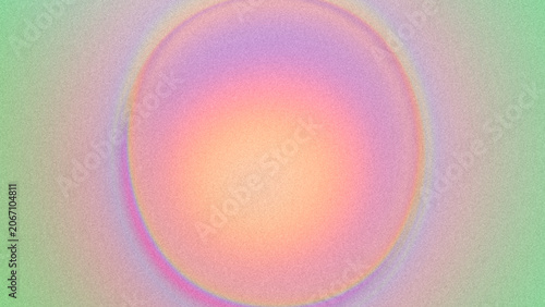 Grainy abstract iridescent background with circle frame in center. Dreamy holographic orb, bubble shape. Pastel rainbow gradient in light green, peach, pink, soft yellow, pale purple. Y2K aesthetic