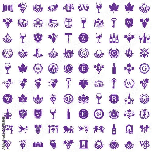Wine cellar and viticulture minimal logo icon collection with vineyard, branding