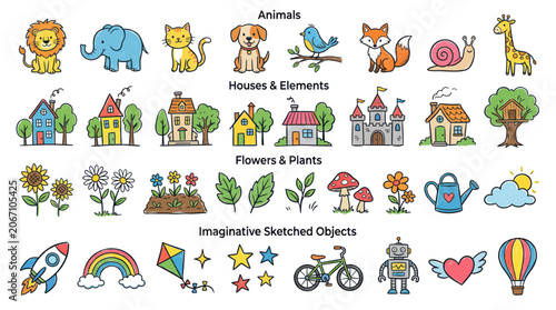 Bild auf Leinwand Colorful hand drawn doodle icons of animals houses plants and objects