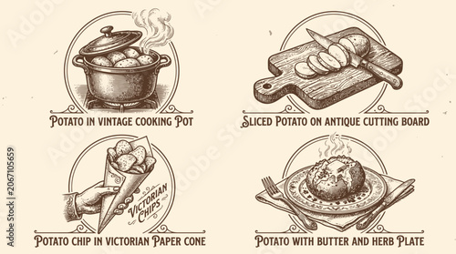 Vintage style hand drawn potato food illustration set.