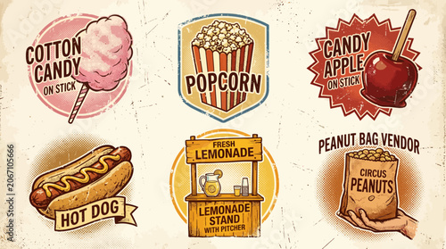Vintage style carnival food icons set with snacks and treats.
