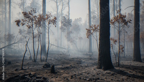 Foto A desolate forest landscape showing the aftermath of a wildfire, with scorched trees, charred earth, and thick, lingering smoke filling the air