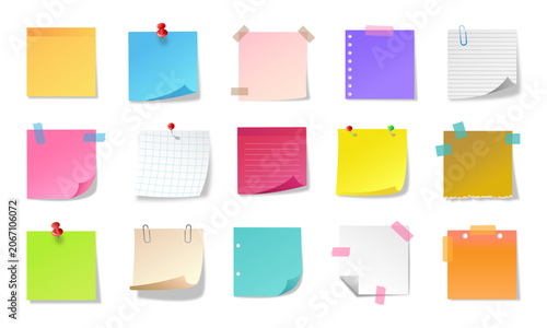 Collection of colorful sticky note reminder. Post it note paper vector illustration. Paper sheets taped with masking tapes.