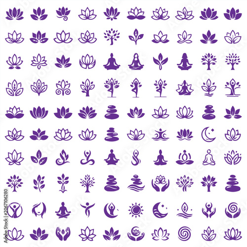Photography Zen and yoga meditation wellness vector icon collection with meditation