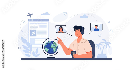 Travel agent planning trip with clients via video call, using globe and passport
