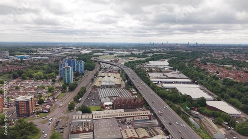Drone aerial view of the Enfinium Kelvin Energy Recovery Facility in Oldbury, West Midlands, England. Large waste-to-energy plant located between residential neighborhoods, industrial estates 