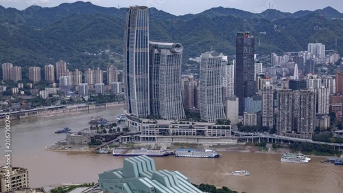 Chongqing cyberpunk city skyline with river