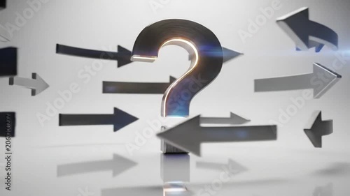 Metallic question mark surrounded by arrows representing choices, decisions, and uncertainty on reflective surface