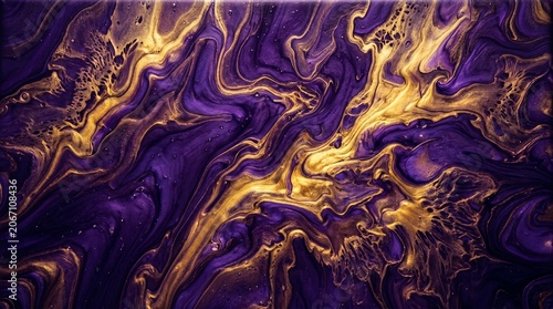 Abstract Purple and Gold Fluid Acrylic Painting Background with Swirling Marble Texture