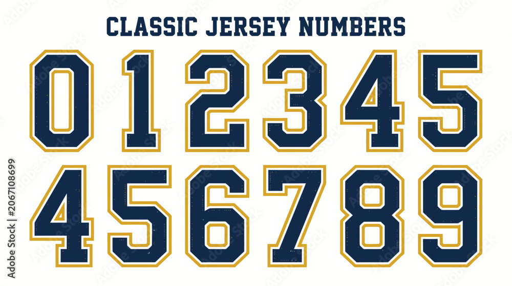 Naklejka premium Classic varsity sports jersey numbers set with navy and gold outlines