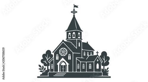 Obraz na płótnie Traditional church building with steeple and bells icon