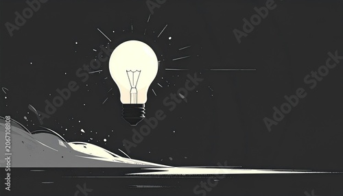 Monochrome illustration of a glowing lightbulb emanating light in a dark space