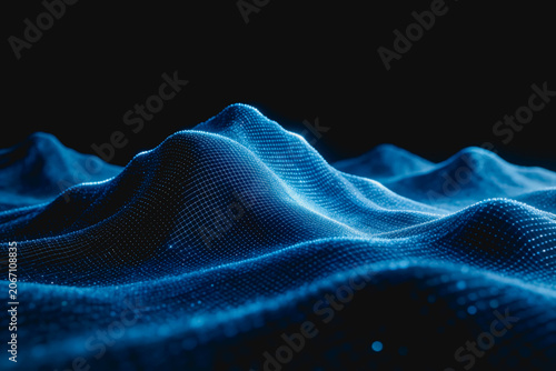 A 3D rendered abstract digital landscape made of glowing blue particles forming smooth wavy patterns against a dark background.