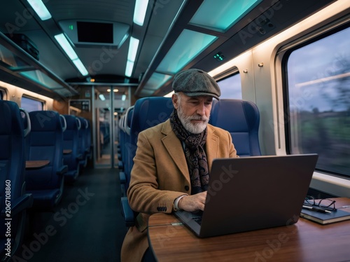 Elegant senior Caucasian man working laptop train interior blue lighting