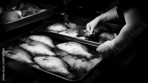 Chef preparing fresh fish on ice display in professional kitchen