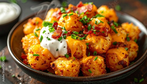 Loaded tater tots covered with melted cheddar cheese, crispy bacon bits, sour cream, fresh chives, steam rising, restaurant-style plating, dramatic food photography