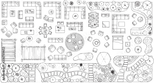 Architectural floor plan symbols set featuring furniture layouts and landscape elements for interior design and residential site planning projects