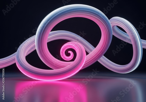 Abstract swirling tube with vibrant pink and blue neon glow, creating a smooth, flowing, and organic shape on a dark background
