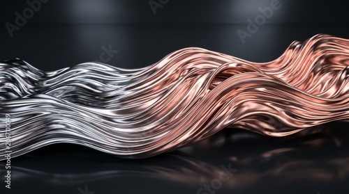 Wavy metallic lines in silver and copper flow across a dark background.