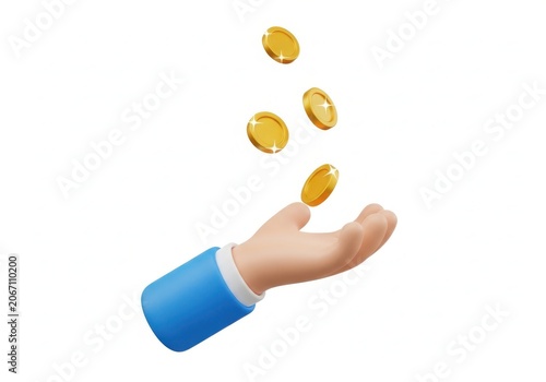 3d cartoon hand catching falling gold coins isolated on white background