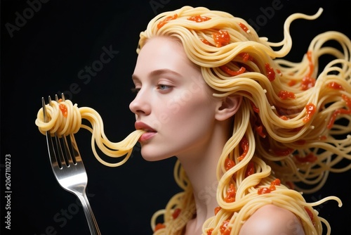 Spaghetti Hair, A portrait of a woman whose hair is made of cooked spaghetti, being twirled by a giant fork. Food art portraiture.